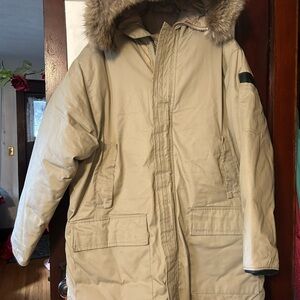 Vintage Men's Large Beige Down Filled Parka with Faux Fur Hood